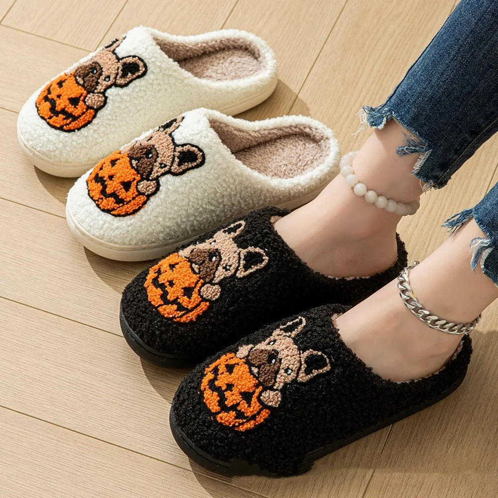 Halloween pumpkin house slippers in black and white colours with plush velvet cotton upper