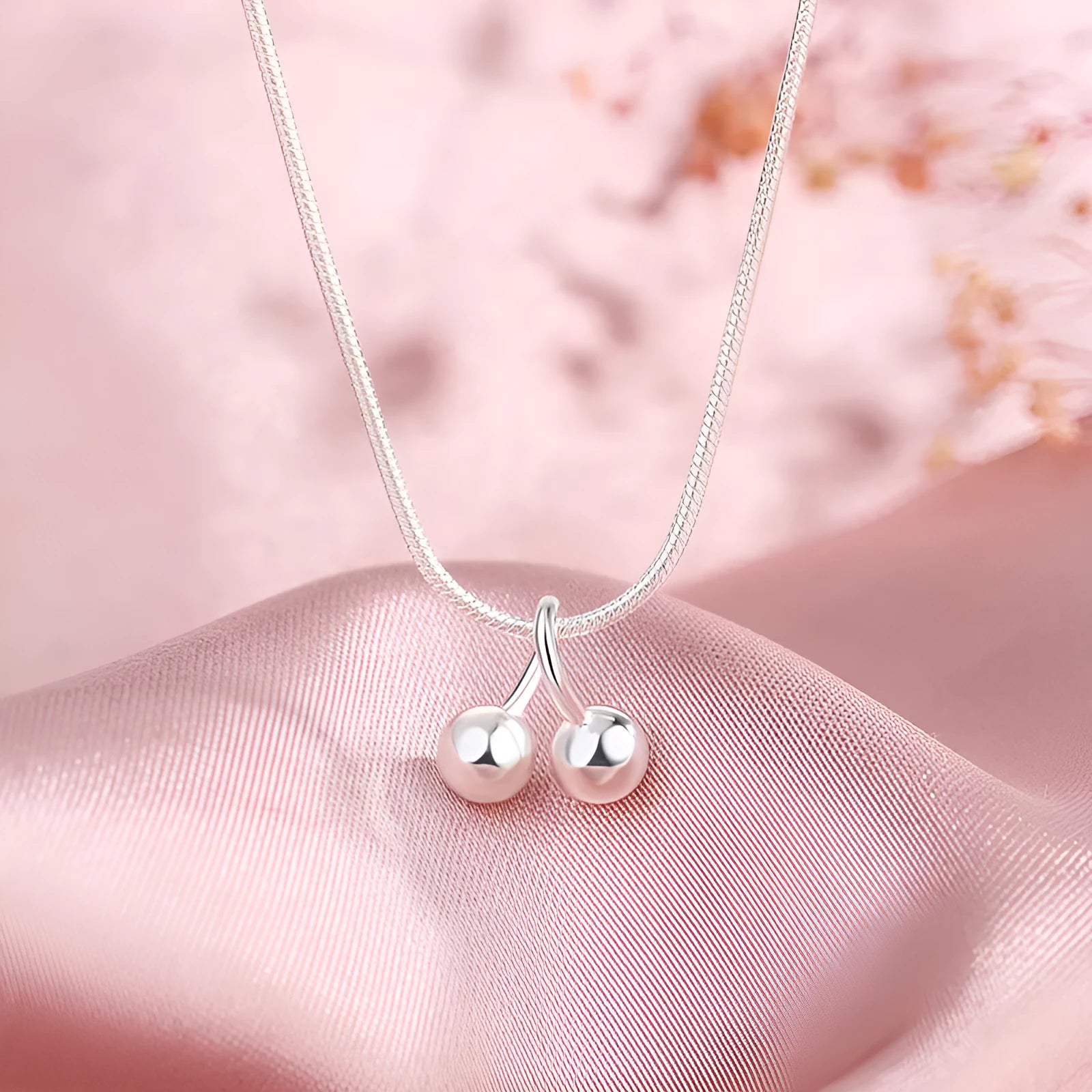 S925 silver cherry necklace for women with adjustable snake bone chain