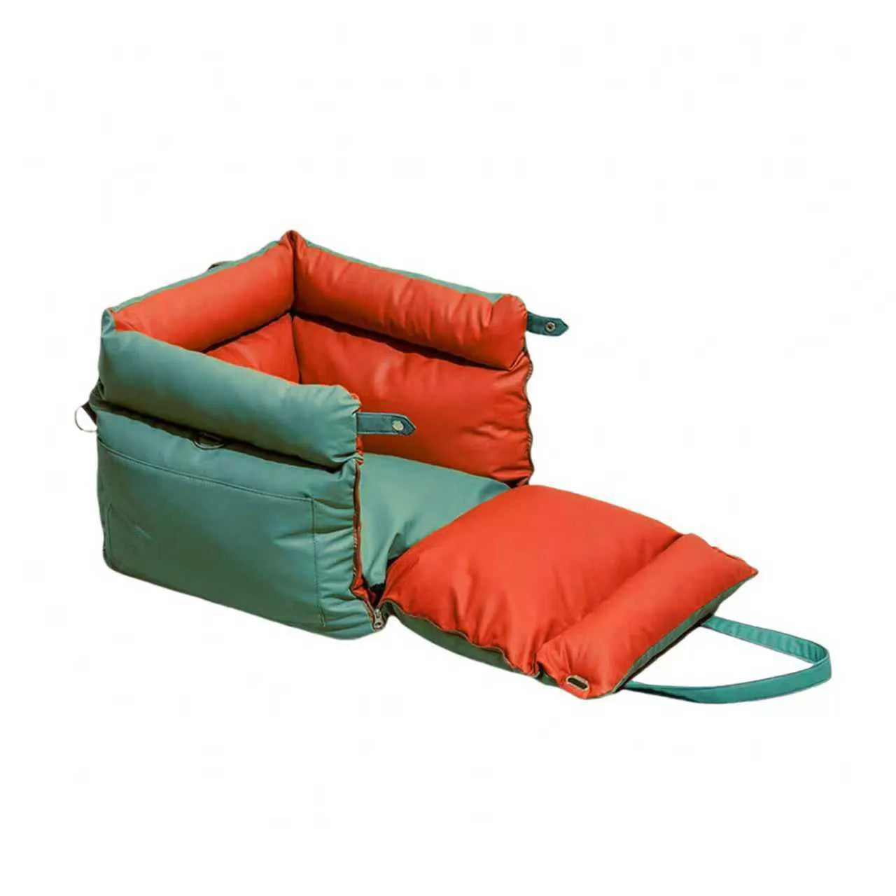 Green waterproof PU leather dog car nest with removable bed, showing 55x50x45cm dimensions.