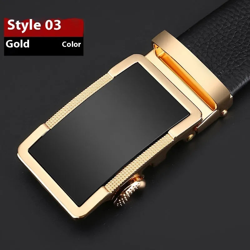 Men's leather comfort click belt with an alloy buckle in gun black, silver, or gold finish.
