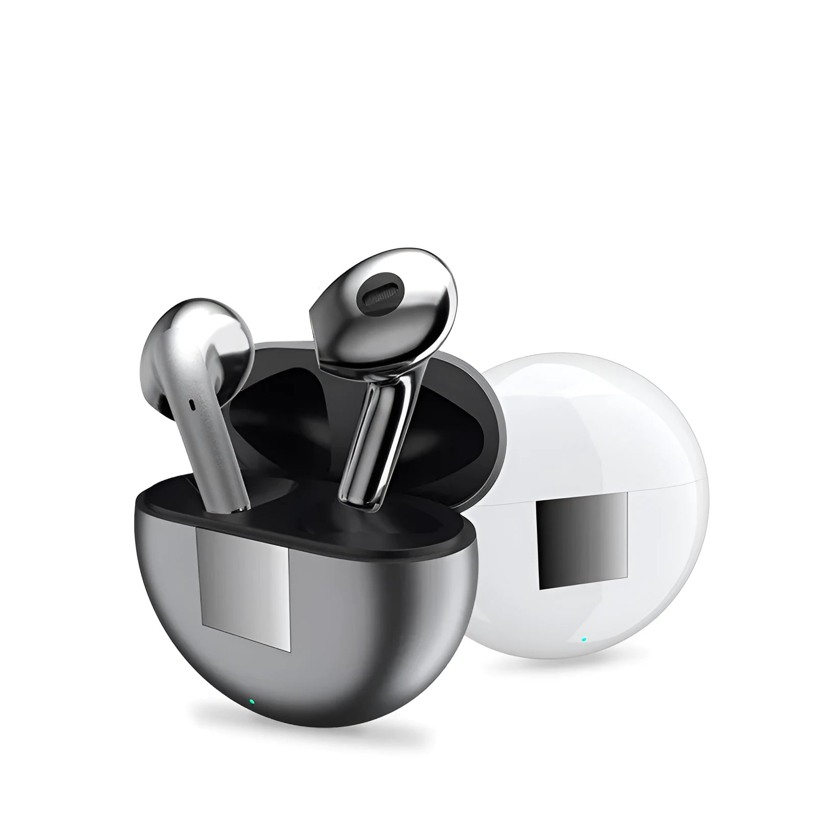 White Budz5 wireless Bluetooth earbuds with charging case, semi-in-ear design with noise reduction