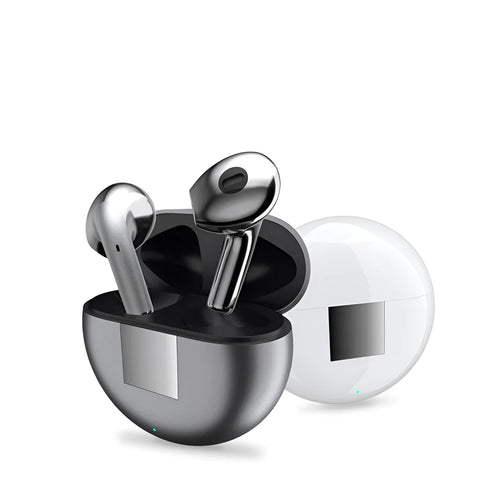 White Budz5 wireless Bluetooth earbuds with charging case, semi-in-ear design with noise reduction