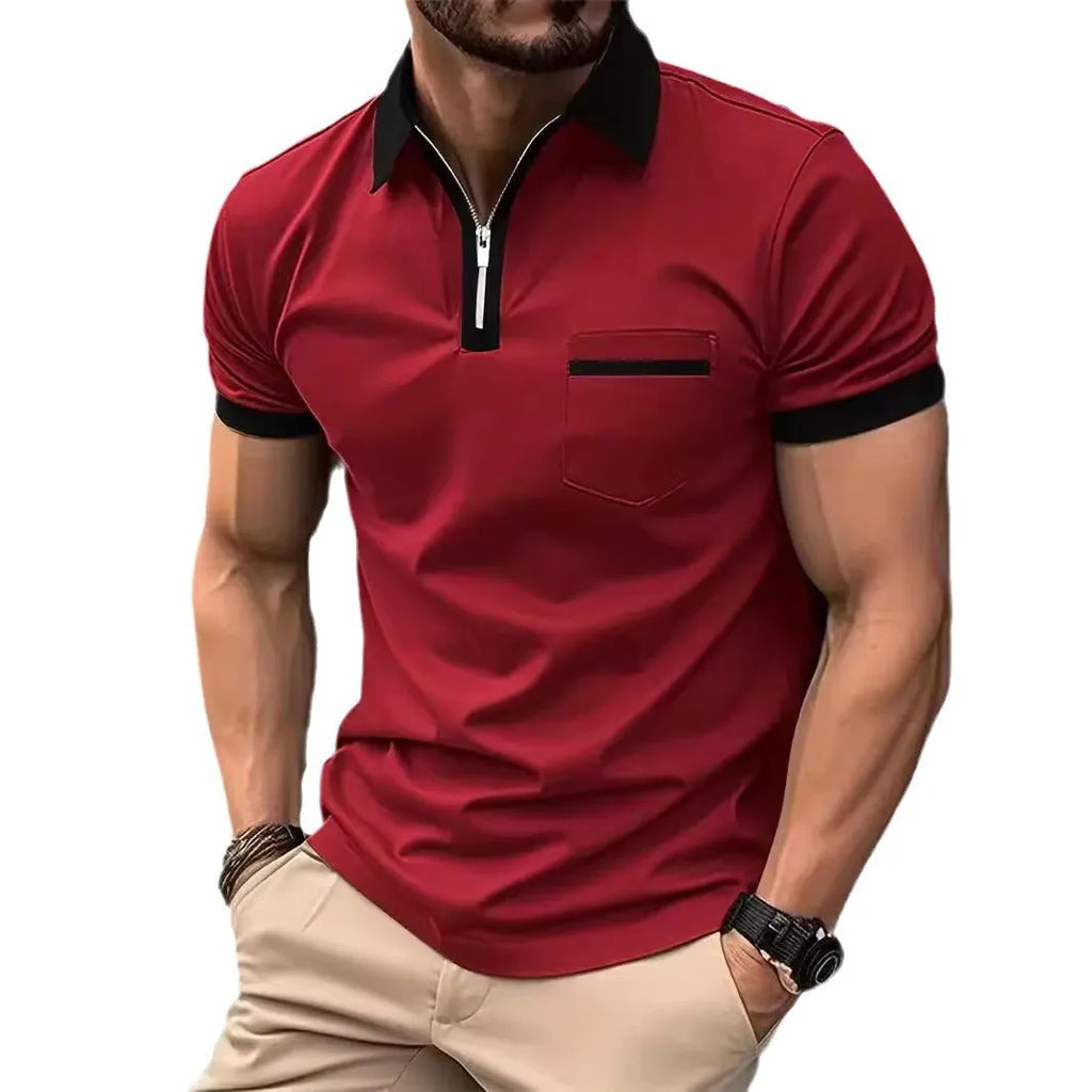 Man wearing a loose-fit casual short sleeve shirt with a chest pocket and zipper decoration.