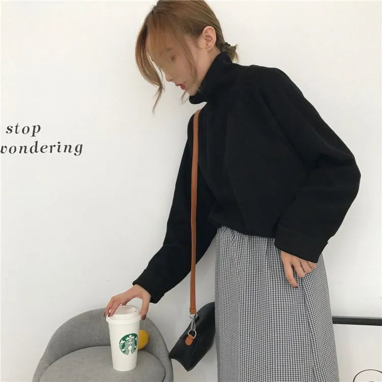 Women's half-high collar long sleeve top in solid colour polyester fabric with loose fit design