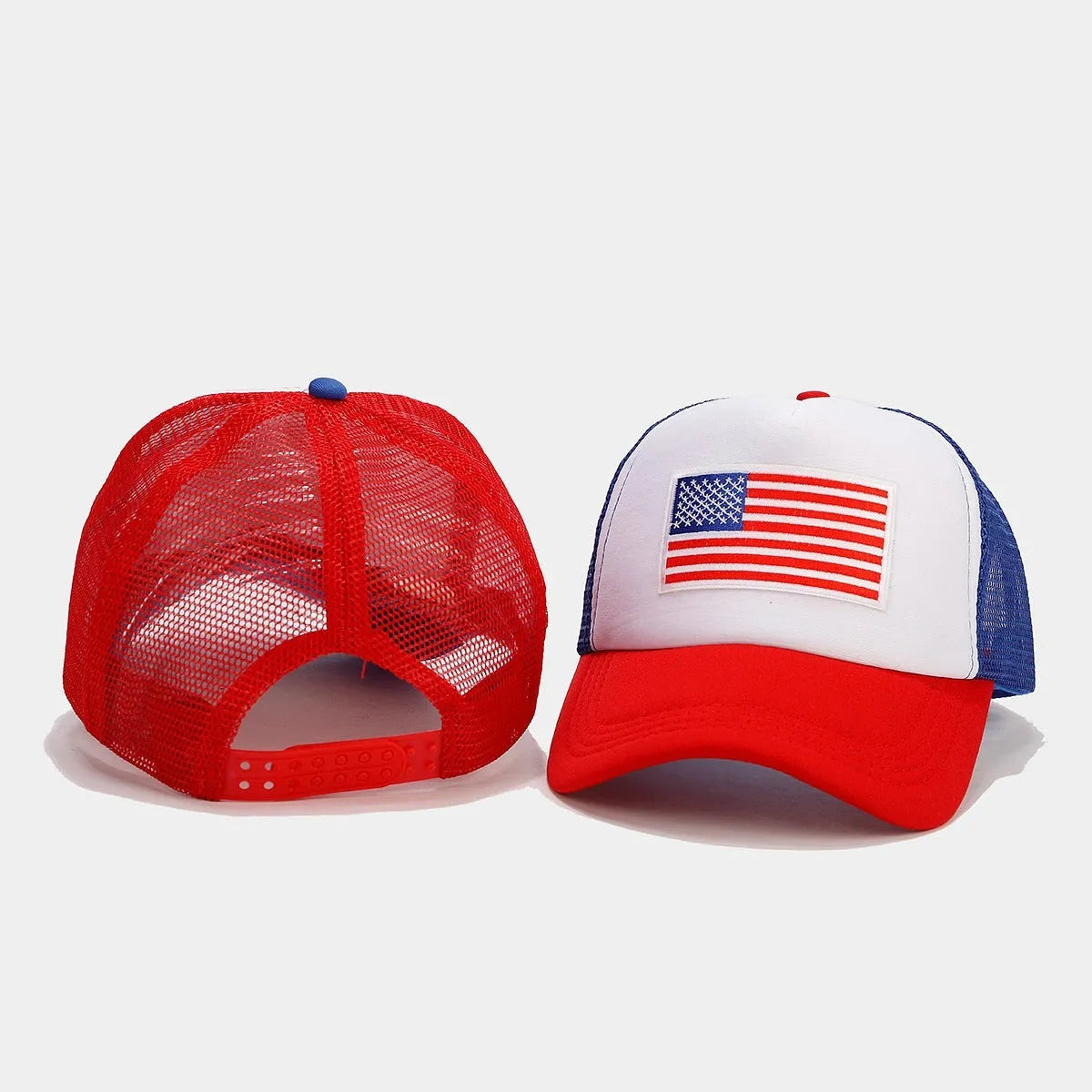 Red and blue contrasting mesh baseball cap with adjustable strap on a dome crown.