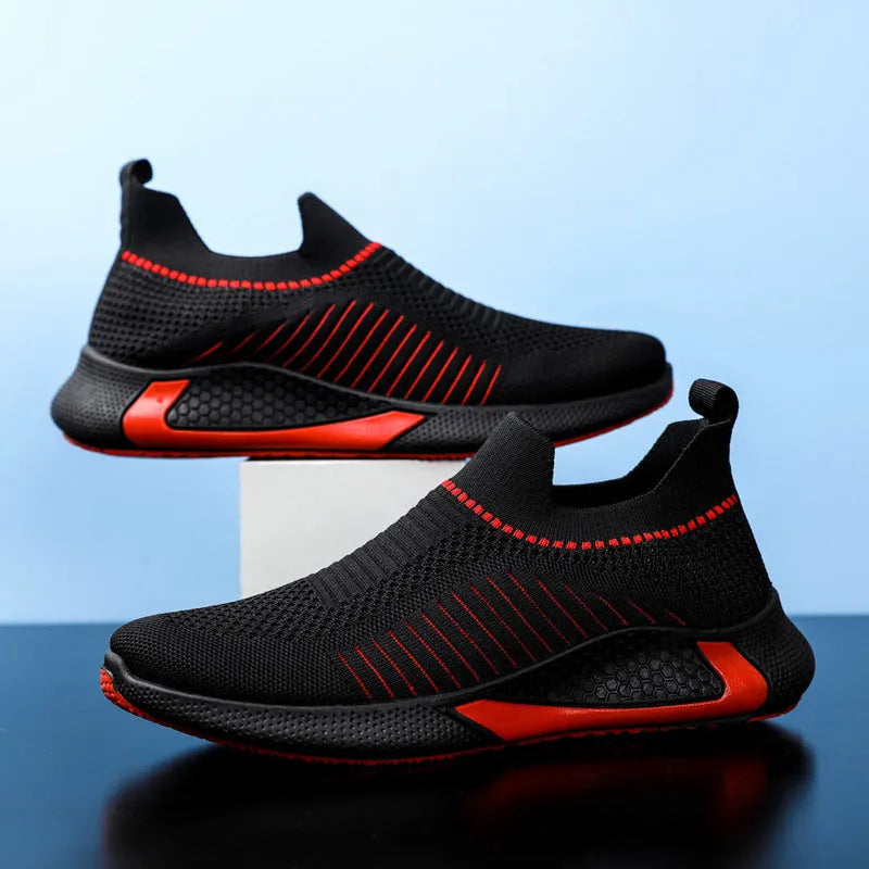 Men's mesh sock shoes with striped design showing flyknit upper and front lace-up styling