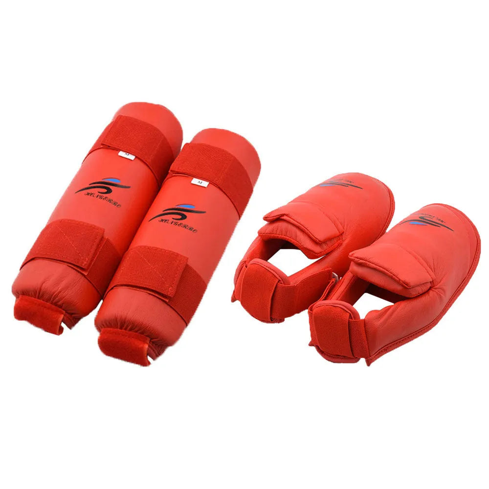 Red and blue martial arts protective gear set including helmet, gloves and leg guards in PU material