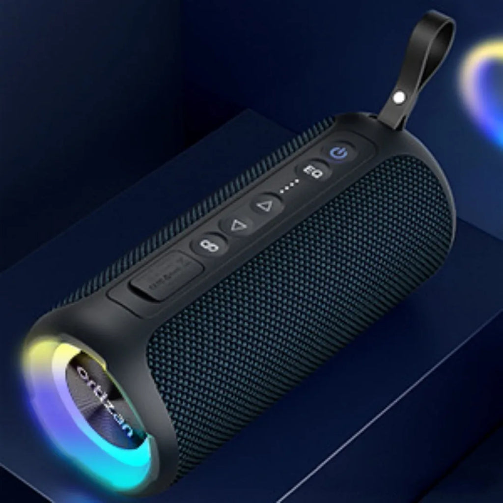 Black and blue fabric wireless Bluetooth speaker with lighting effects showing front view