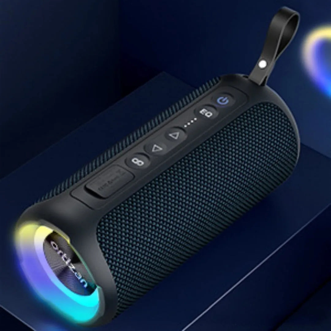 Black and blue fabric wireless Bluetooth speaker with lighting effects showing front view
