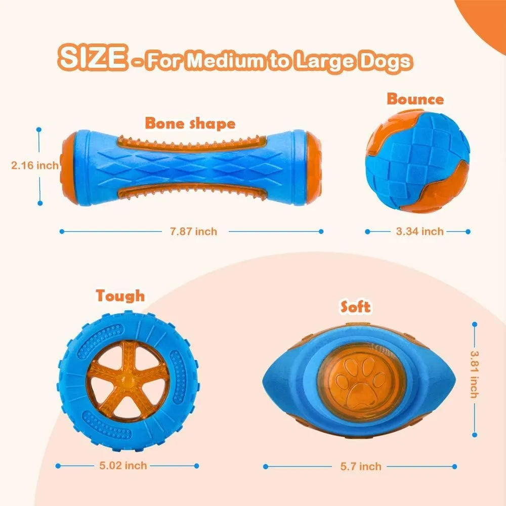 Set of four floating TPR dog toys: a squeaky ball, barbell, and two tires for water fetch.