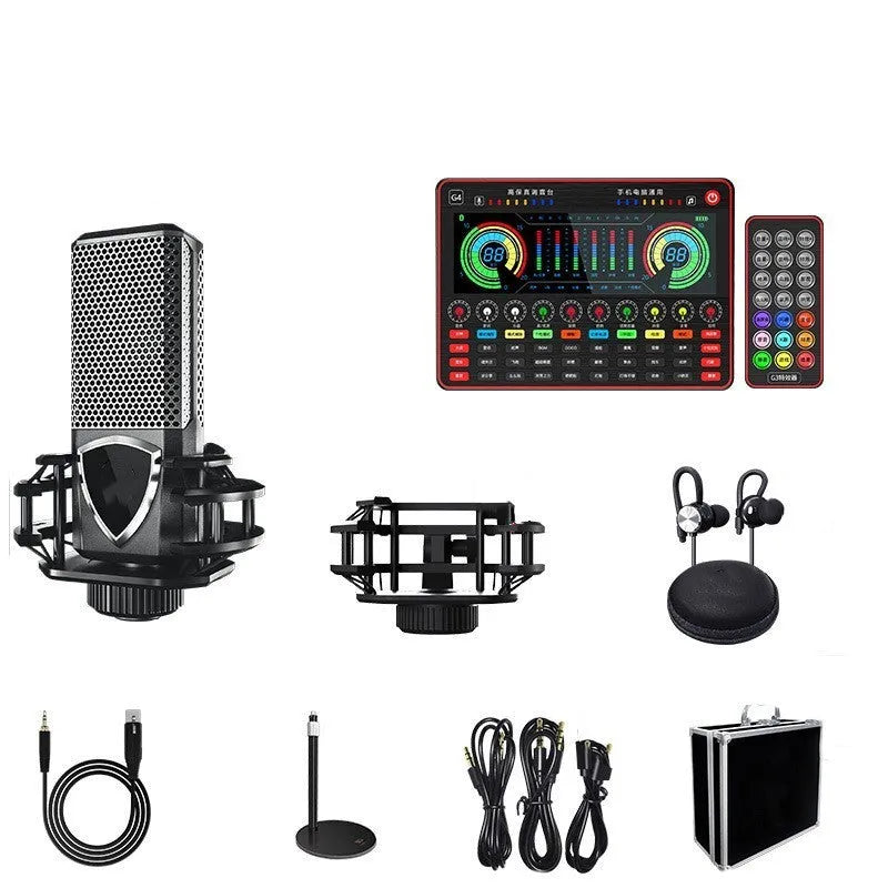 G4 professional live sound card mixer set with microphone, remote control, and audio cables on a table
