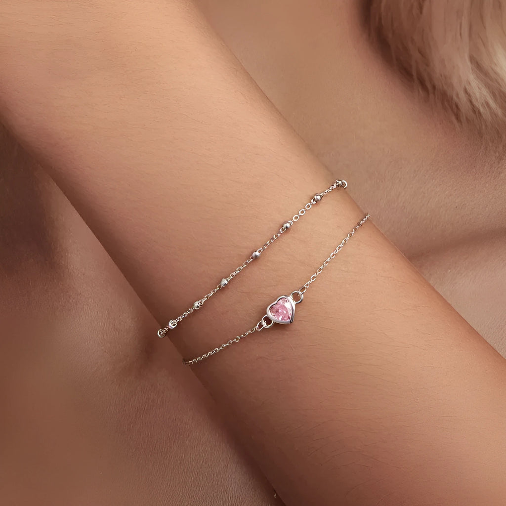 Sweet heart-shaped sterling silver 925 bracelet for women with 6mm pendant