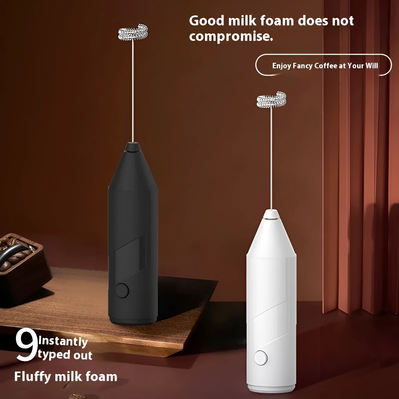 Mini handheld electric milk frother with stainless steel whisk and USB charging available in black white and khaki