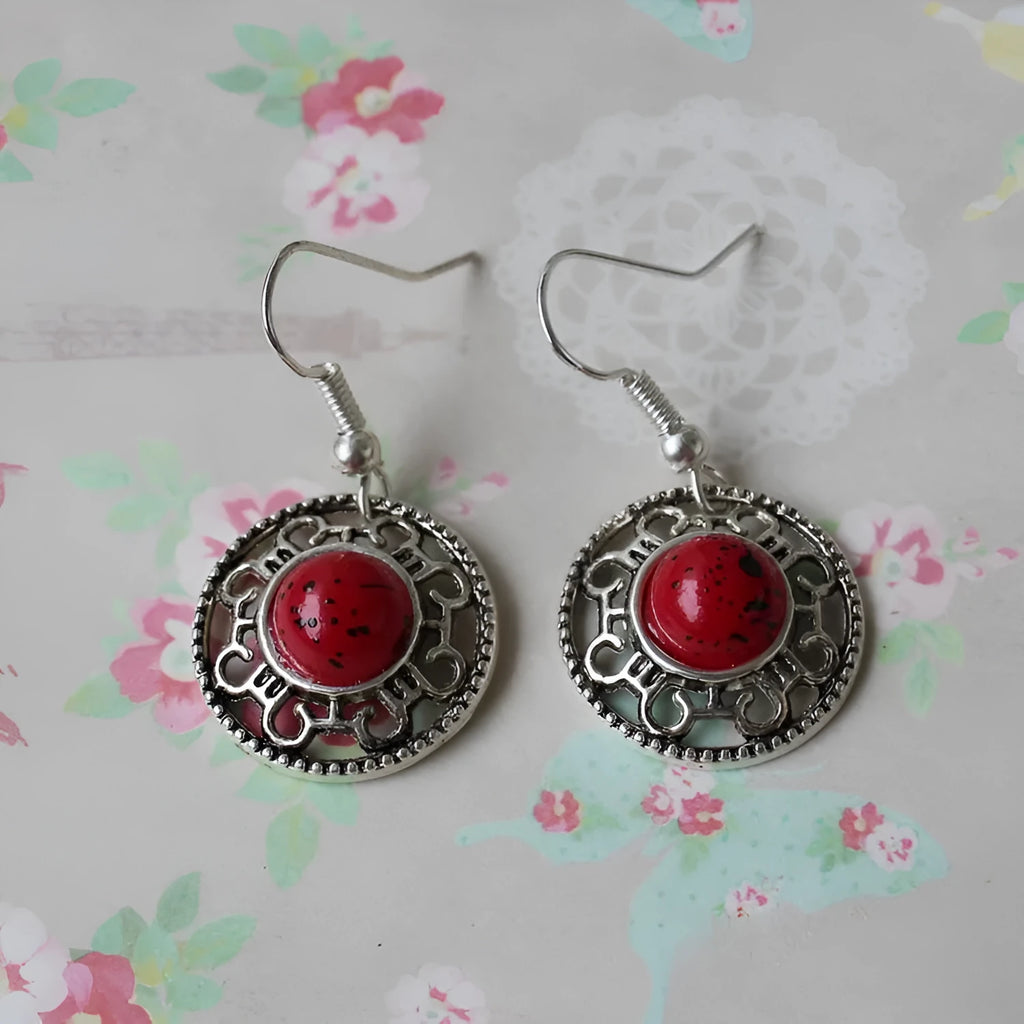 Handmade Miao silver turquoise earrings with geometric flower disk design and ethnic patterns in choice of colours
