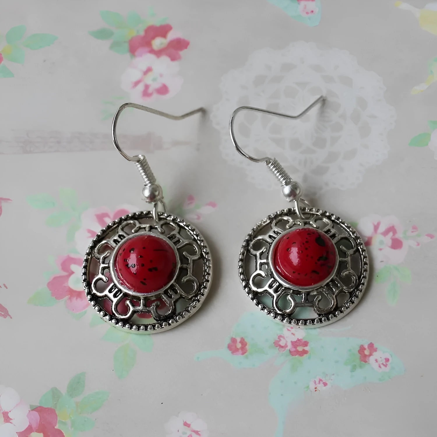 Handmade Miao silver turquoise earrings with geometric flower disk design and ethnic patterns in choice of colours