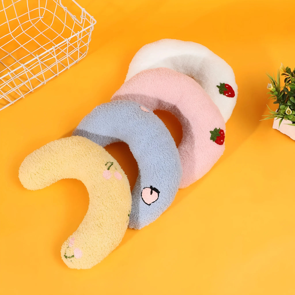 U-shaped half moon cloth pillow pet bed for cats in blue, pink, white, and yellow colours.