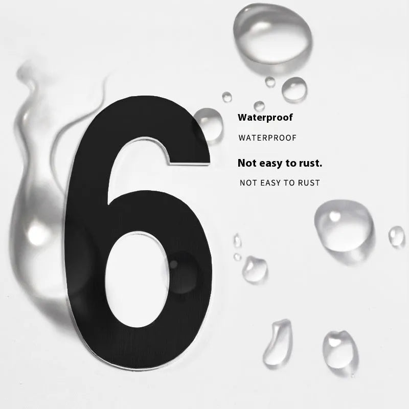 Black stainless steel sticky house numbers showing letters and numbers with 7.5cm characters for waterproof external use