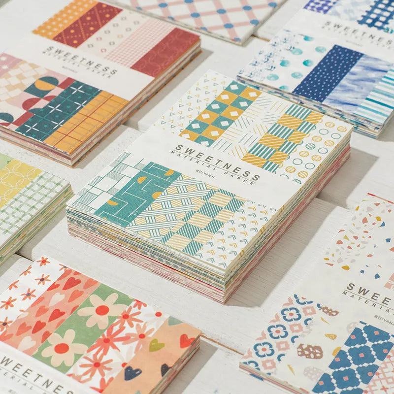 Pack of 50 retro-style collage note papers in ten dessert colours including caramel puff and strawberry coconut.