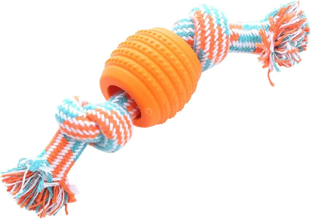 Blue molar-shaped dog chew toy with attached ropes for dental cleaning and tugging play.