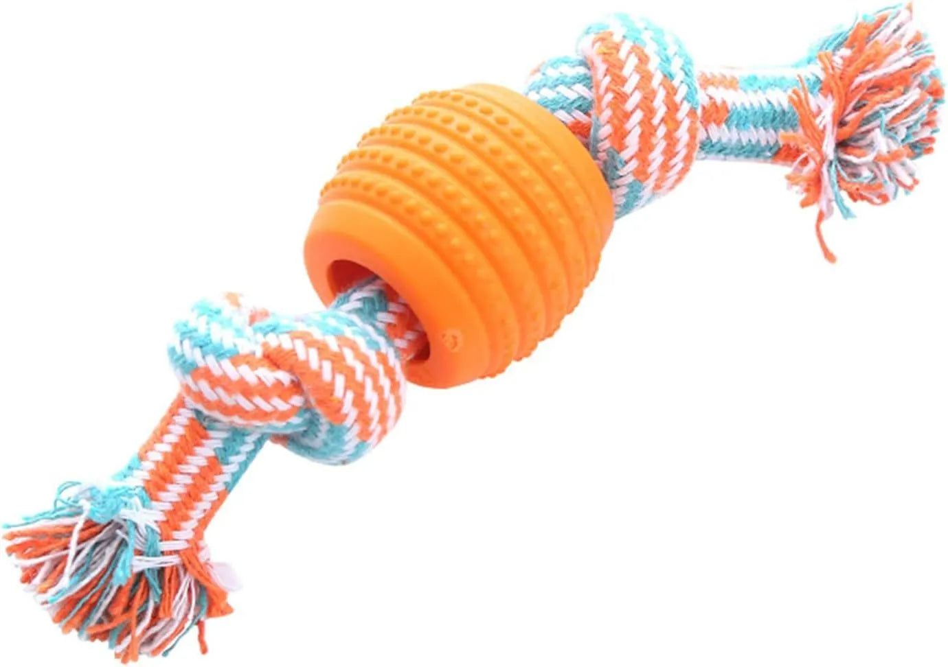 Blue molar-shaped dog chew toy with attached ropes for dental cleaning and tugging play.