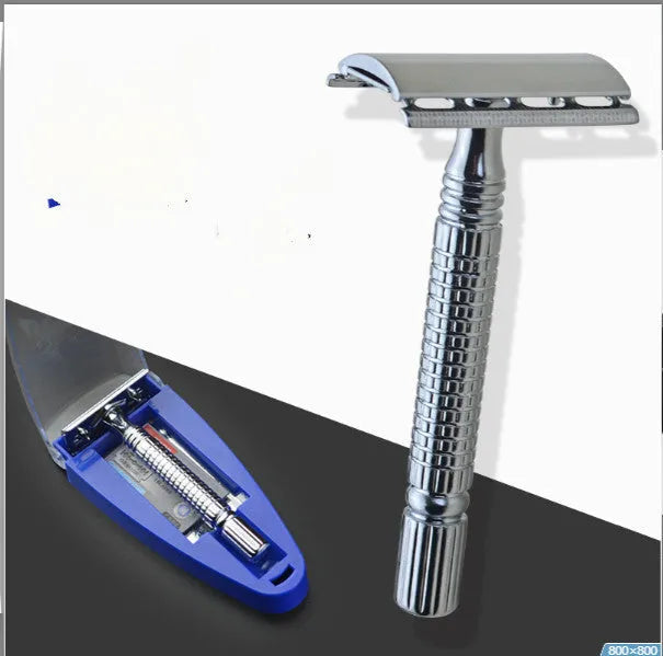Double-edged safety razor with chrome-plated brass handle and storage case