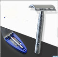 Double-edged safety razor with chrome-plated brass handle and storage case