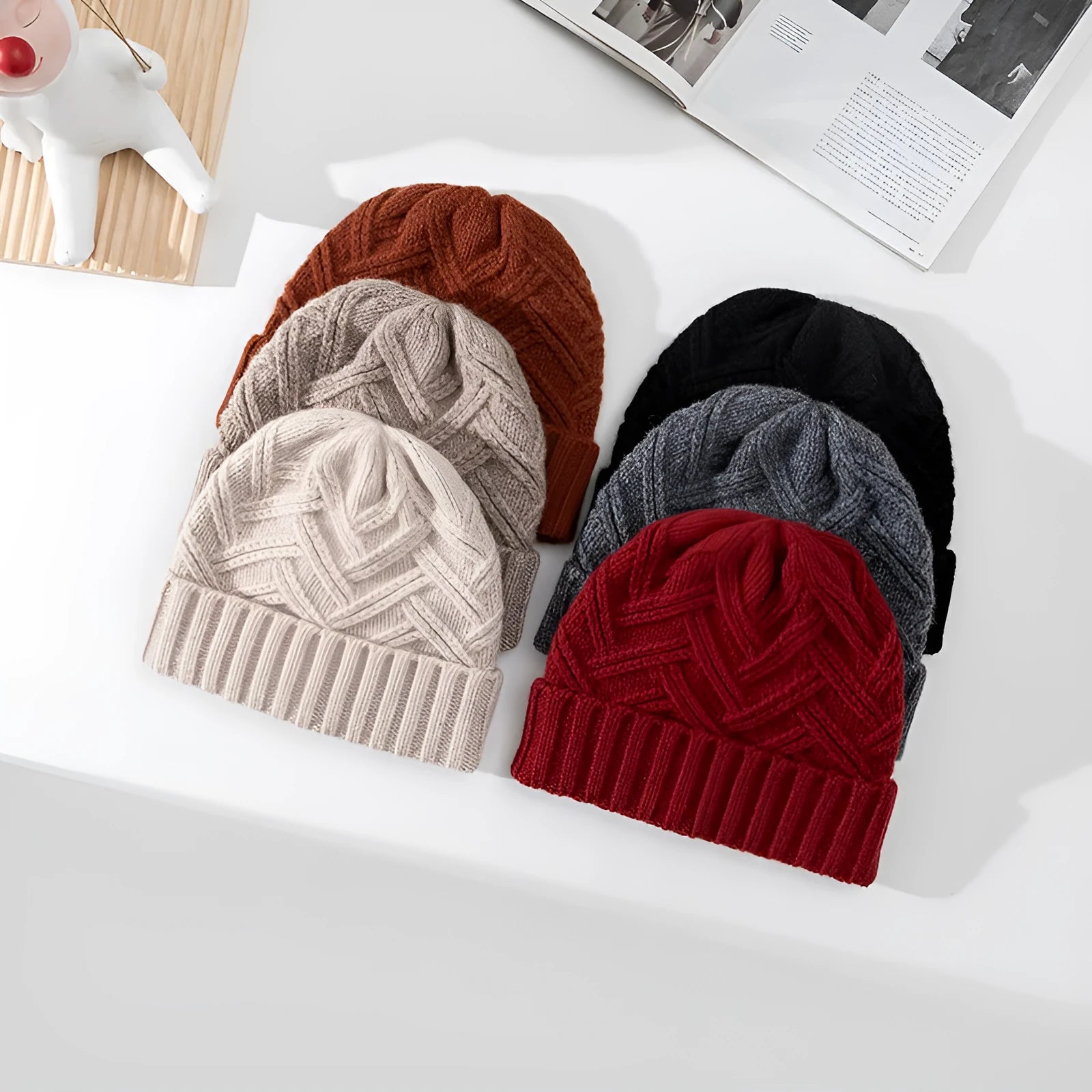 Wool knitted women's hat with dome crown and totem pattern in six colour options