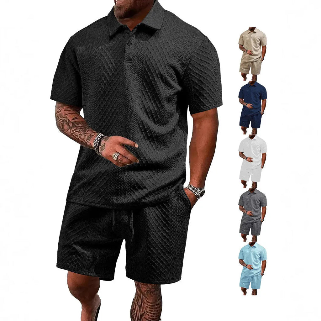 Men's pattern cloth short sleeve suit set in sports leisure style with polo shirt and trousers