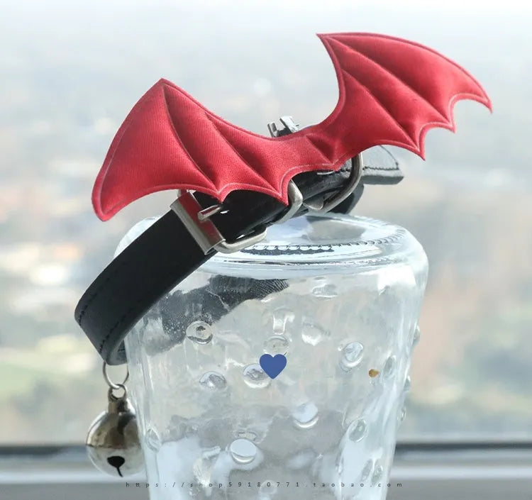 Small black patent leather dog collar with decorative devil wings design on a white background.