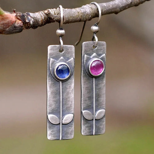 Antique finish red sapphire earrings with geometric ellipse design for women
