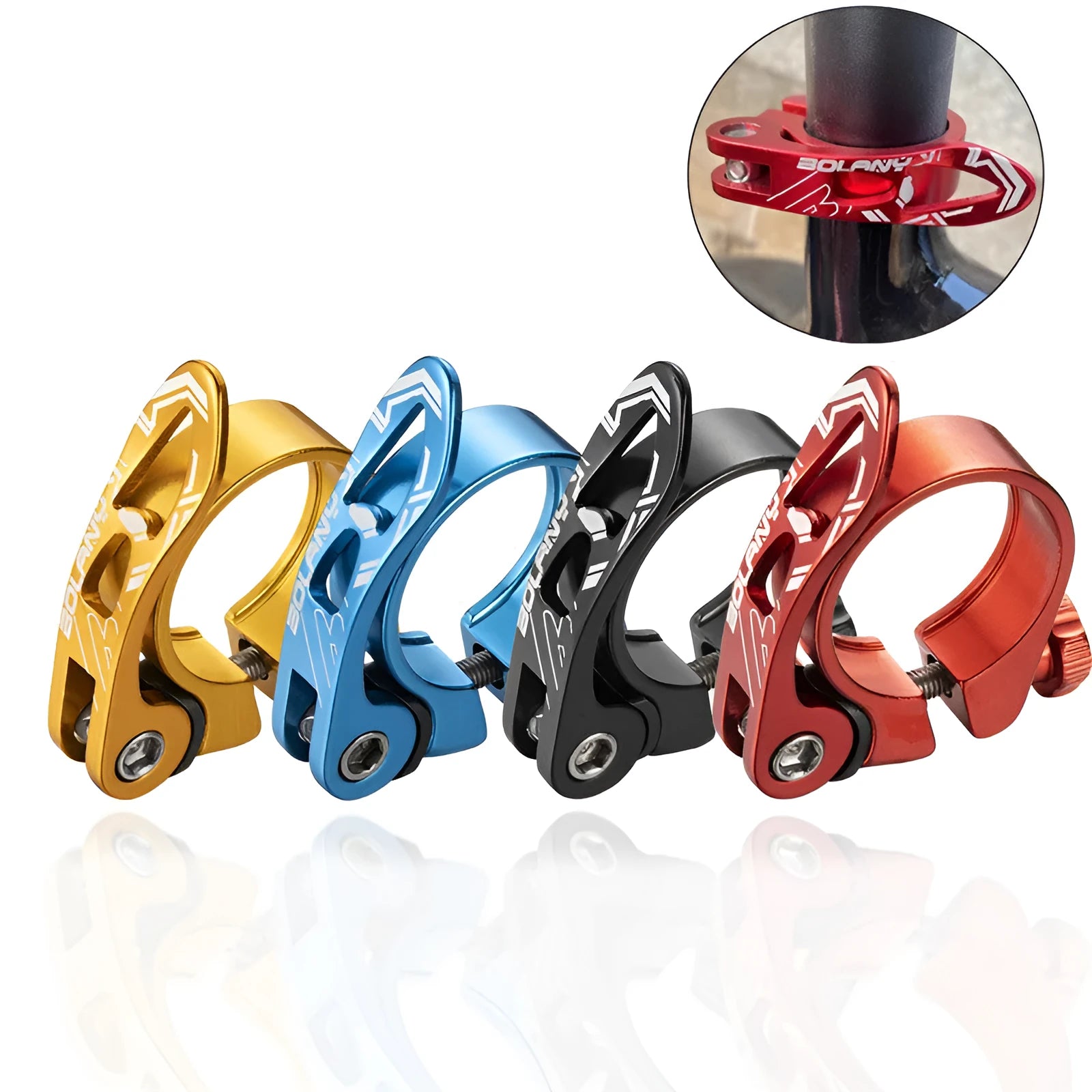 Aluminium bicycle seat tube clamp in black, red, gold, or blue, showing 31.8mm and 34.9mm size options.