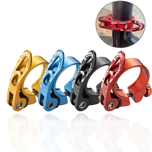 Aluminium bicycle seat tube clamp in black, red, gold, or blue, showing 31.8mm and 34.9mm size options.