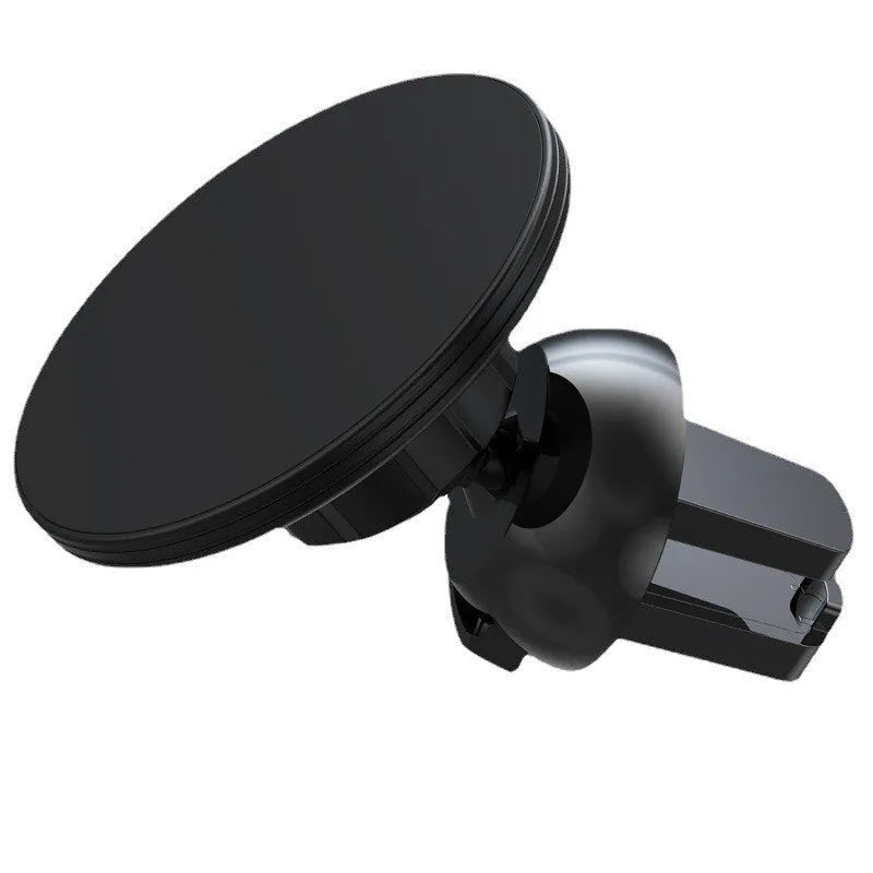 Black aluminium alloy magnetic suction car phone holder mounted on a car air vent