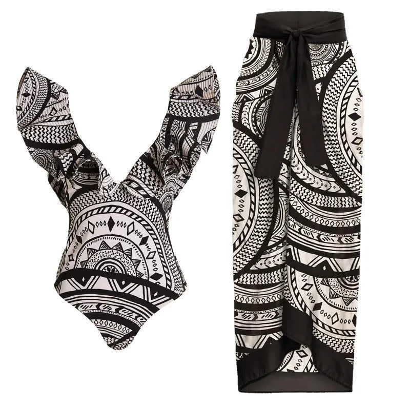 Women's vintage print deep V one-piece swimsuit with ruffles and matching wrap skirt on a mannequin