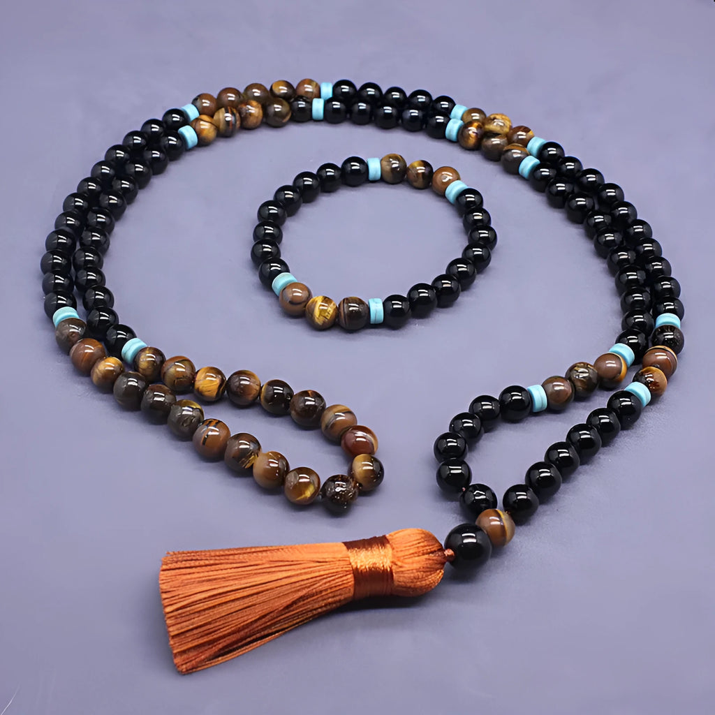 Black agate tiger eye stone bracelet and necklace set with geometric bead design
