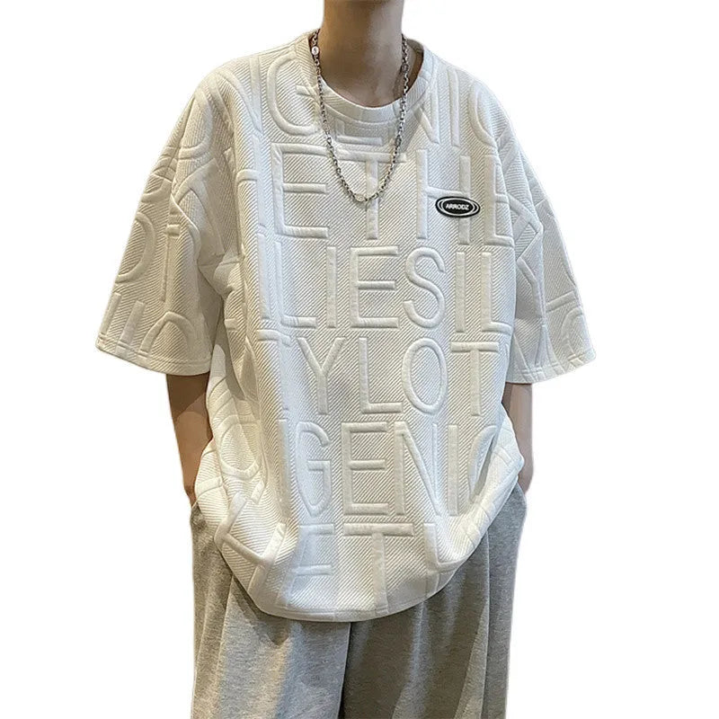 Men's grey retro loose fit T-shirt with raised three-dimensional letter pattern on front