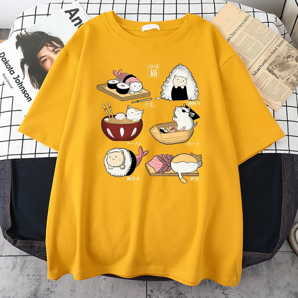 Men's black cotton T-shirt with printed cat sushi cartoon design, short sleeves, loose fit