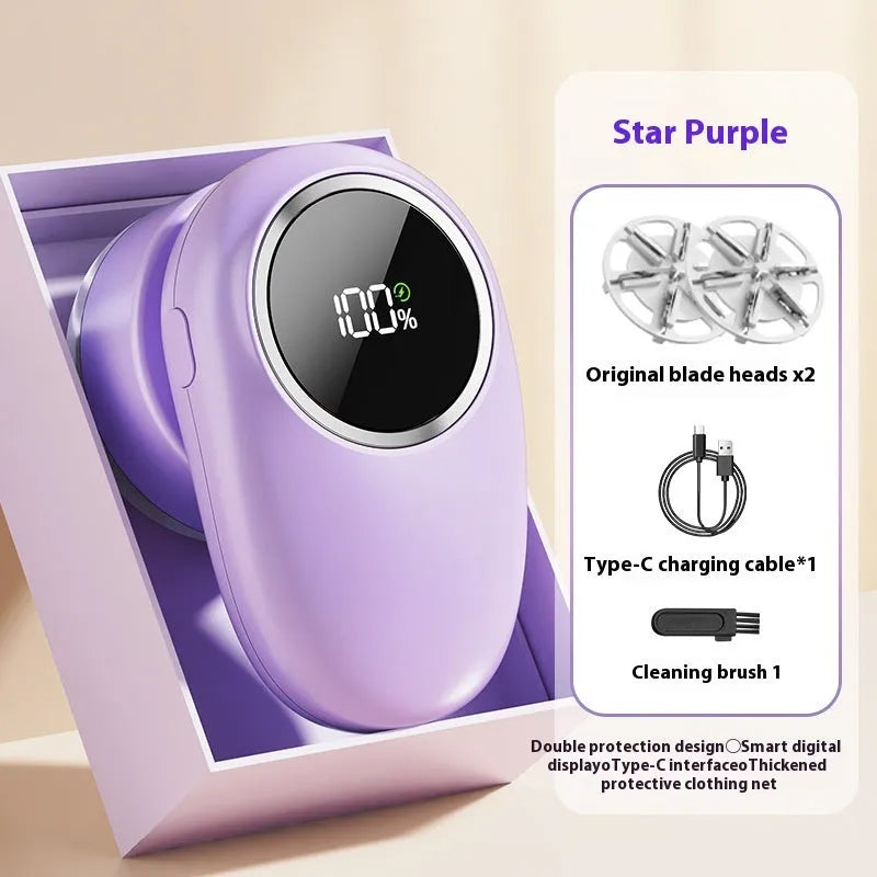 Purple and beige fur ball trimmer with digital display and multiple cutter head options