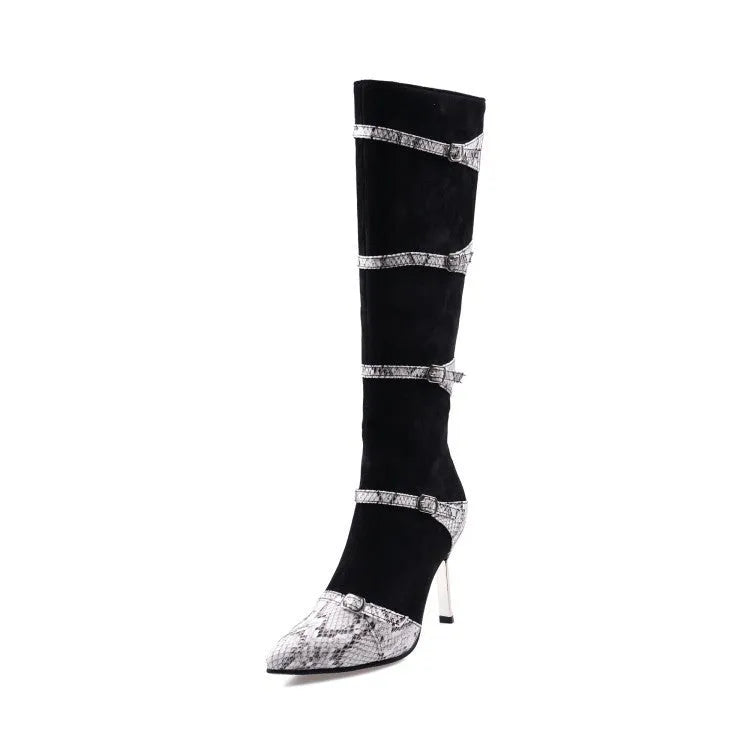 Grey and black women's knee-high boots with a thin 9cm high heel on a rubber sole.