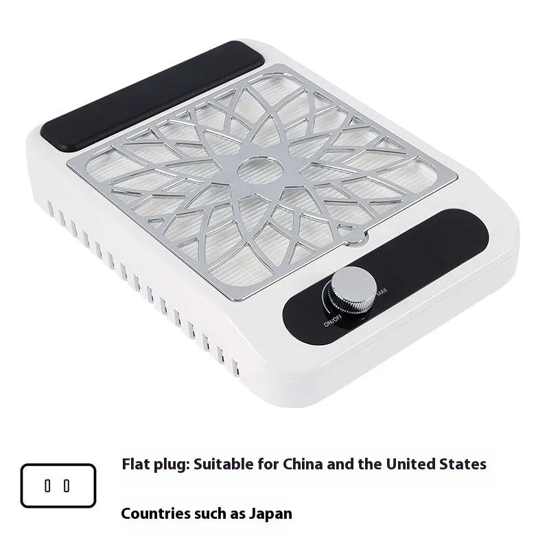 White nail dust collector unit with adjustable speed settings and international plug compatibility
