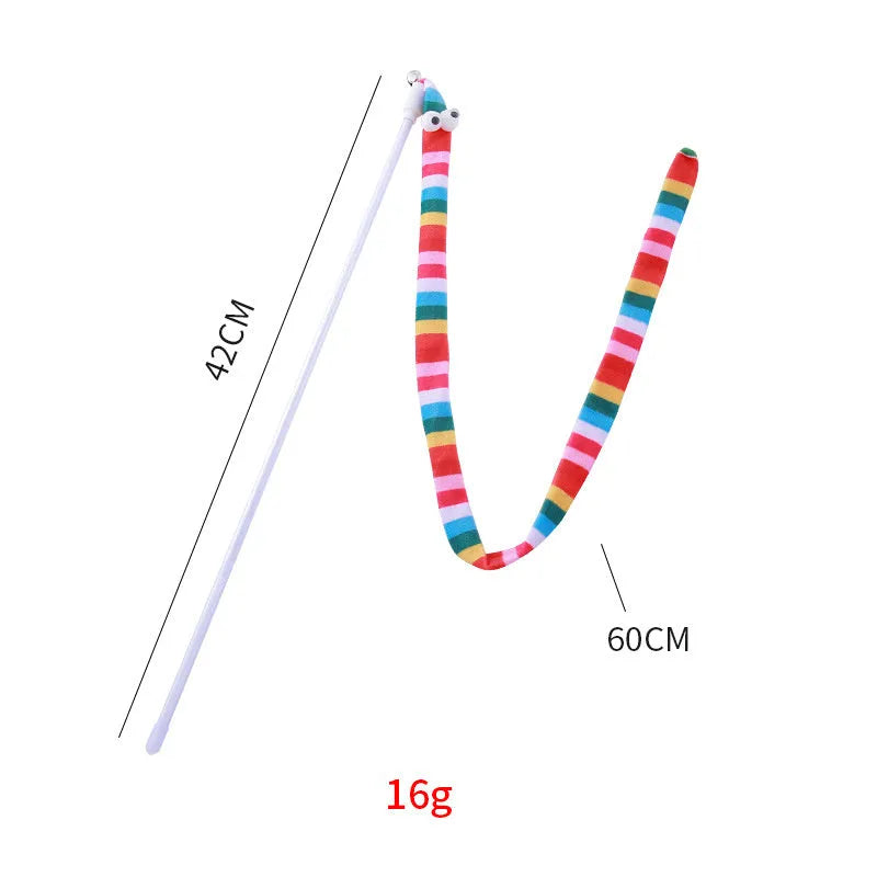 Cat wand toy with polycarbonate pole and plush strip in bright colours for interactive play