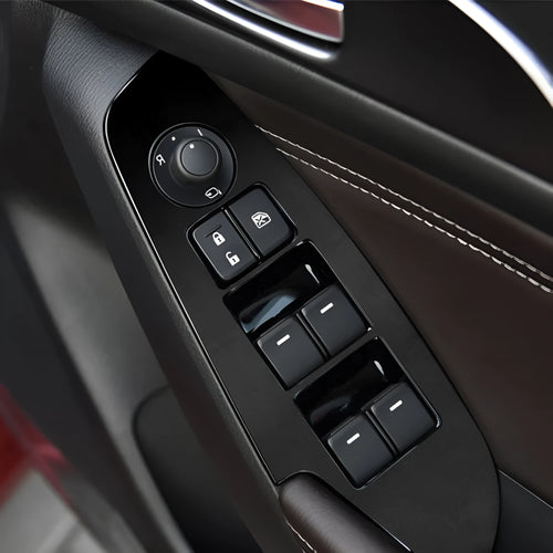 Four TPU protective films for car door control panels on a white background.