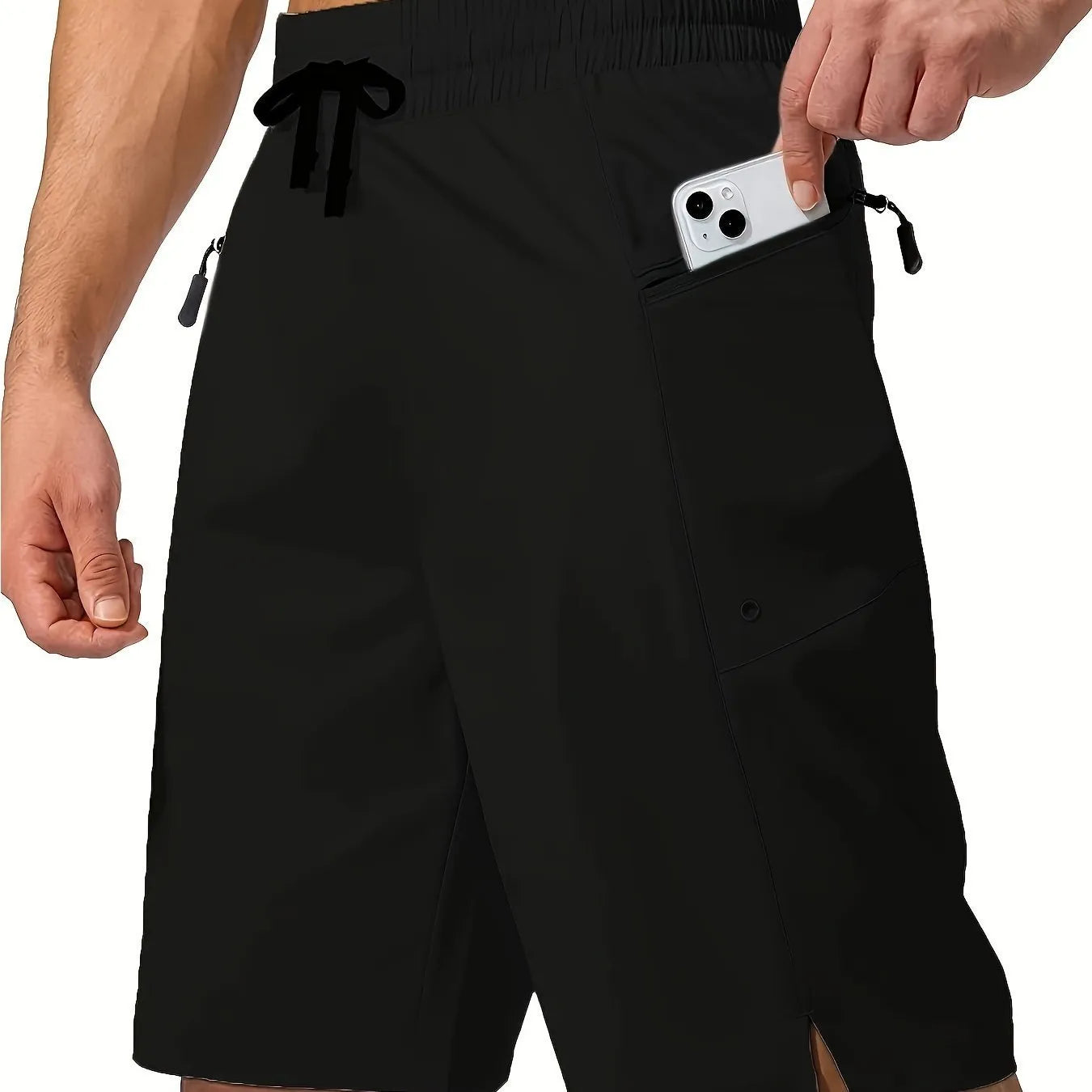Men's solid colour quick-drying beach shorts in straight leg cut on size chart