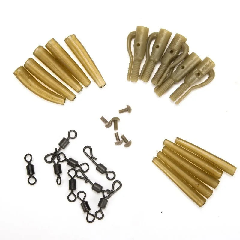 30 piece European carp fishing accessory set with anti-winding pipes, threaded hoses, rotation parts, and screws