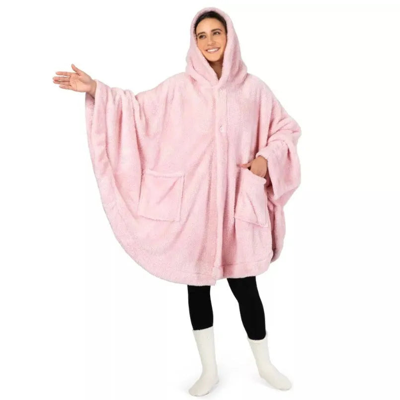 A thick, hooded long-sleeve polyester bathrobe cardigan in dark grey, shown on a hanger.