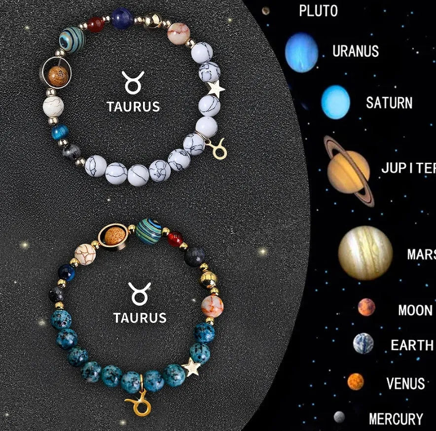Set of two natural stone beaded bracelets featuring zodiac sign designs on a dark background
