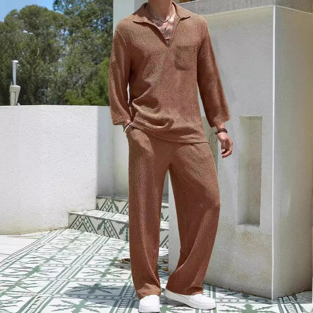 Men's casual shirt trousers suit in polyester fabric available in four colours for autumn leisure wear