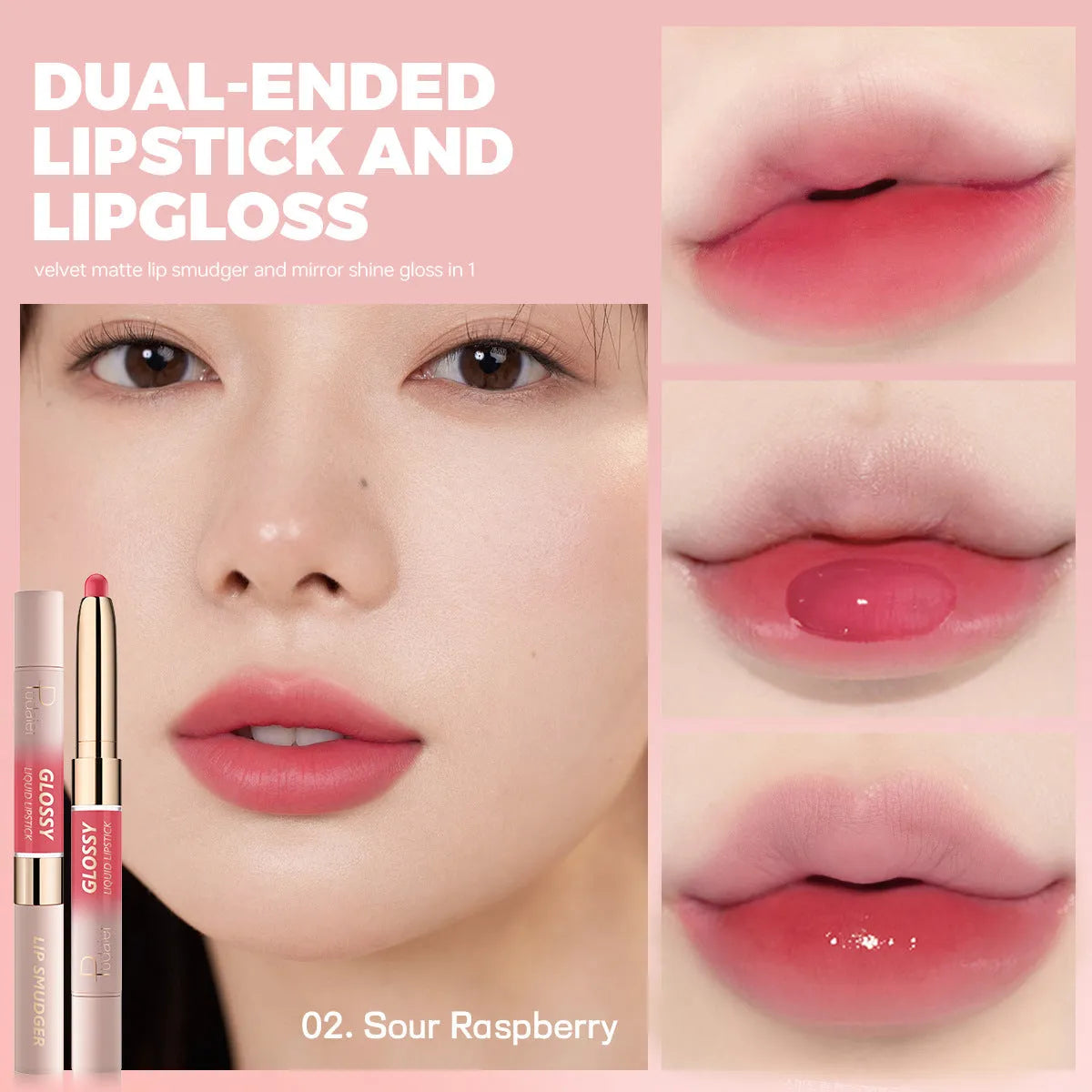 Double-headed lipstick lip gloss with matte finish showing 10 different colour options numbered 01 through 10
