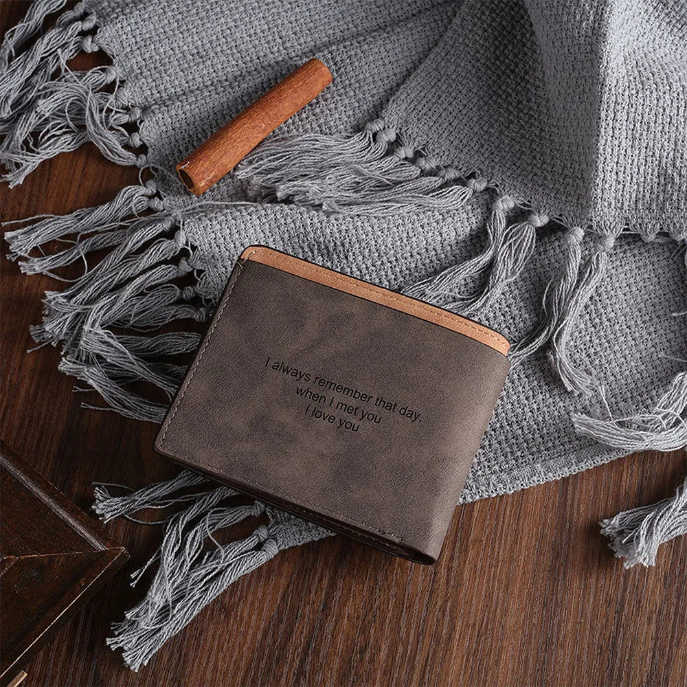 Coffee coloured engraved horizontal short wallet showing personalisation and compact 120x99x25mm dimensions