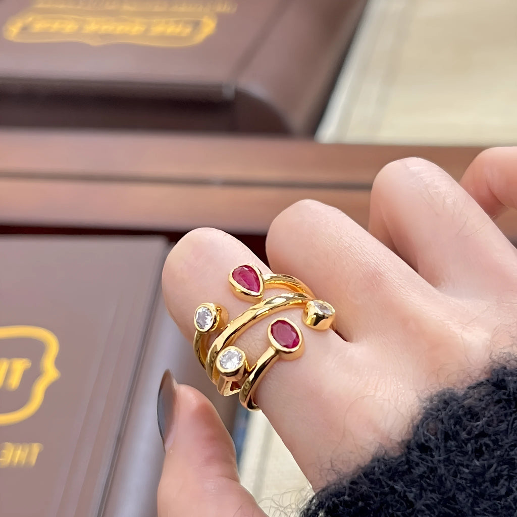 Double-headed irregular cross diamond ring in two-tone electroplated copper with retro styling